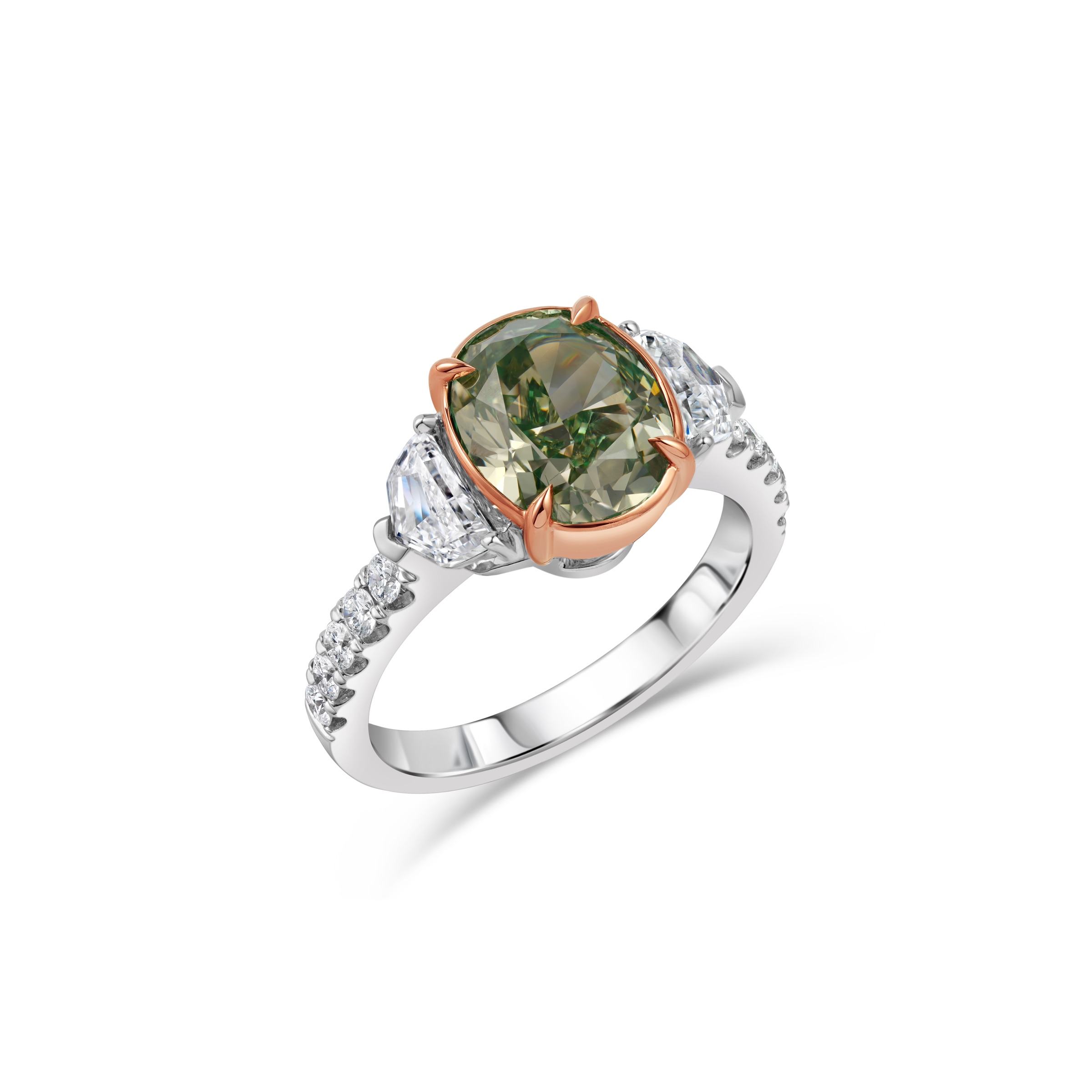 A green oval stone in rose gold claws between two half-moon diamonds, on a diamond-set band
