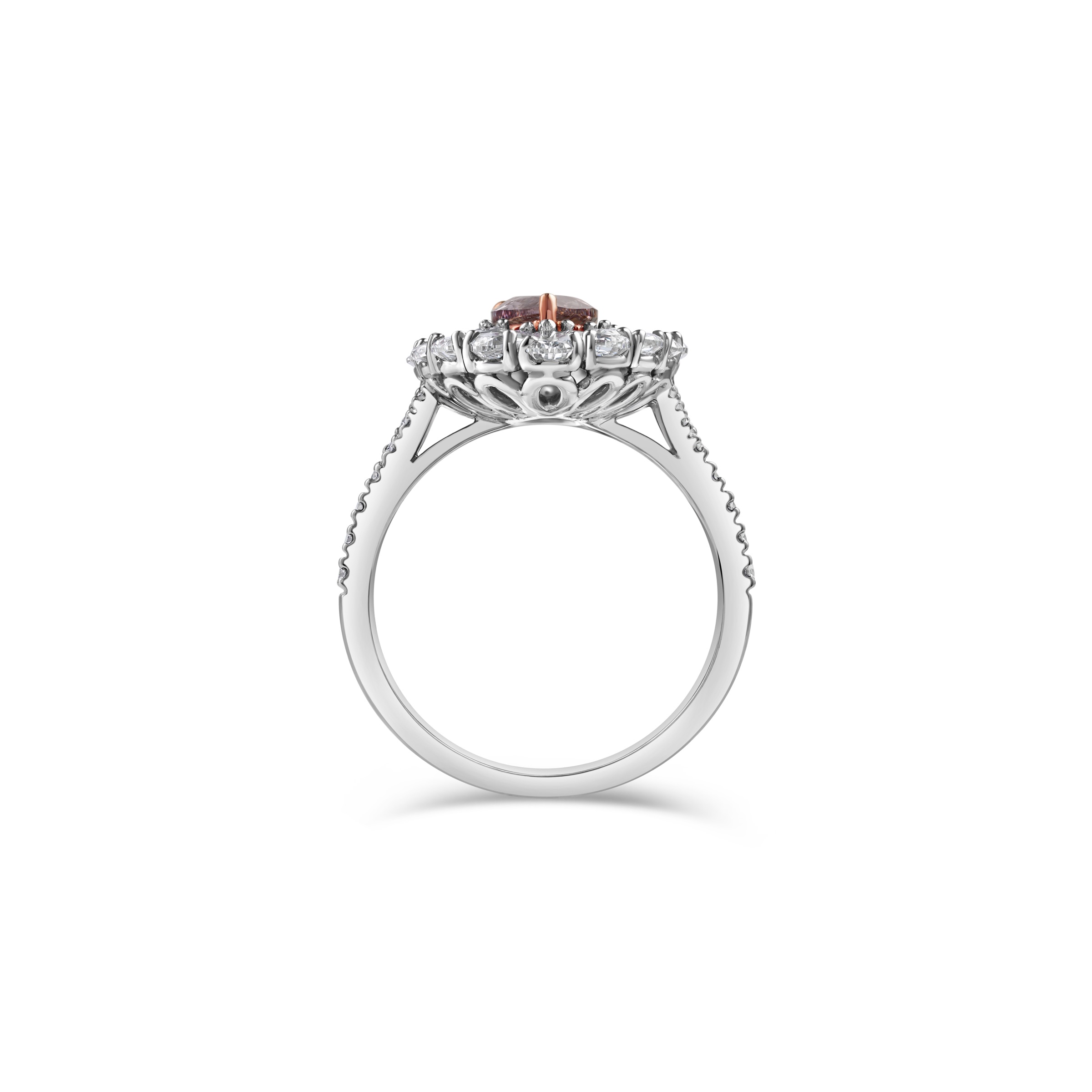 Profile of the pink pear cluster ring, showing the pierced gallery beneath the stones